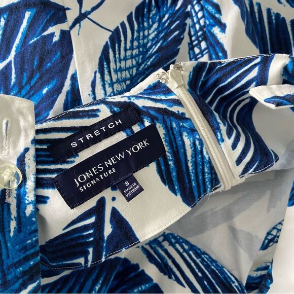 Jones New York Signature Aegean Dress Blue & White Leaf Print Coastal Cottage 8 - Picture 8 of 9